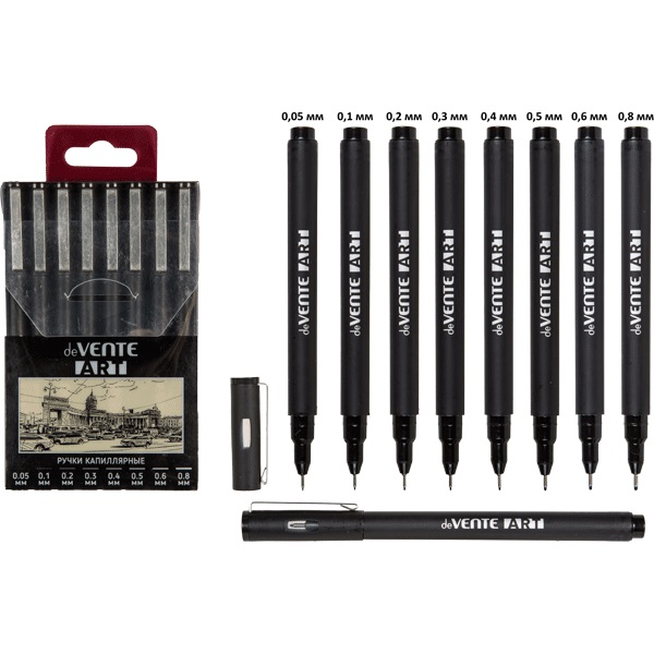 Набор ручек капиллярных 0,05-0,8 мм 8 шт. deVENTE.Art ЧЕРНАЯ, в металлической обойме, в пластиковой к