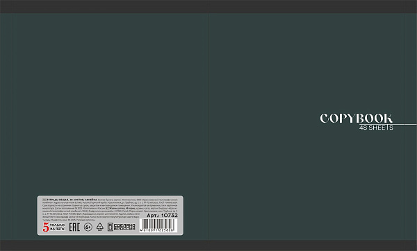 Тетрадь 48 листов, линейка, обложка мелованный картон, блок №2, зеленая