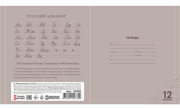 Тетрадь 12 листов в косую линию СЕРАЯ, обложка из мелованного картона (200г/м2), блок офсет (92%, 60г/м2)